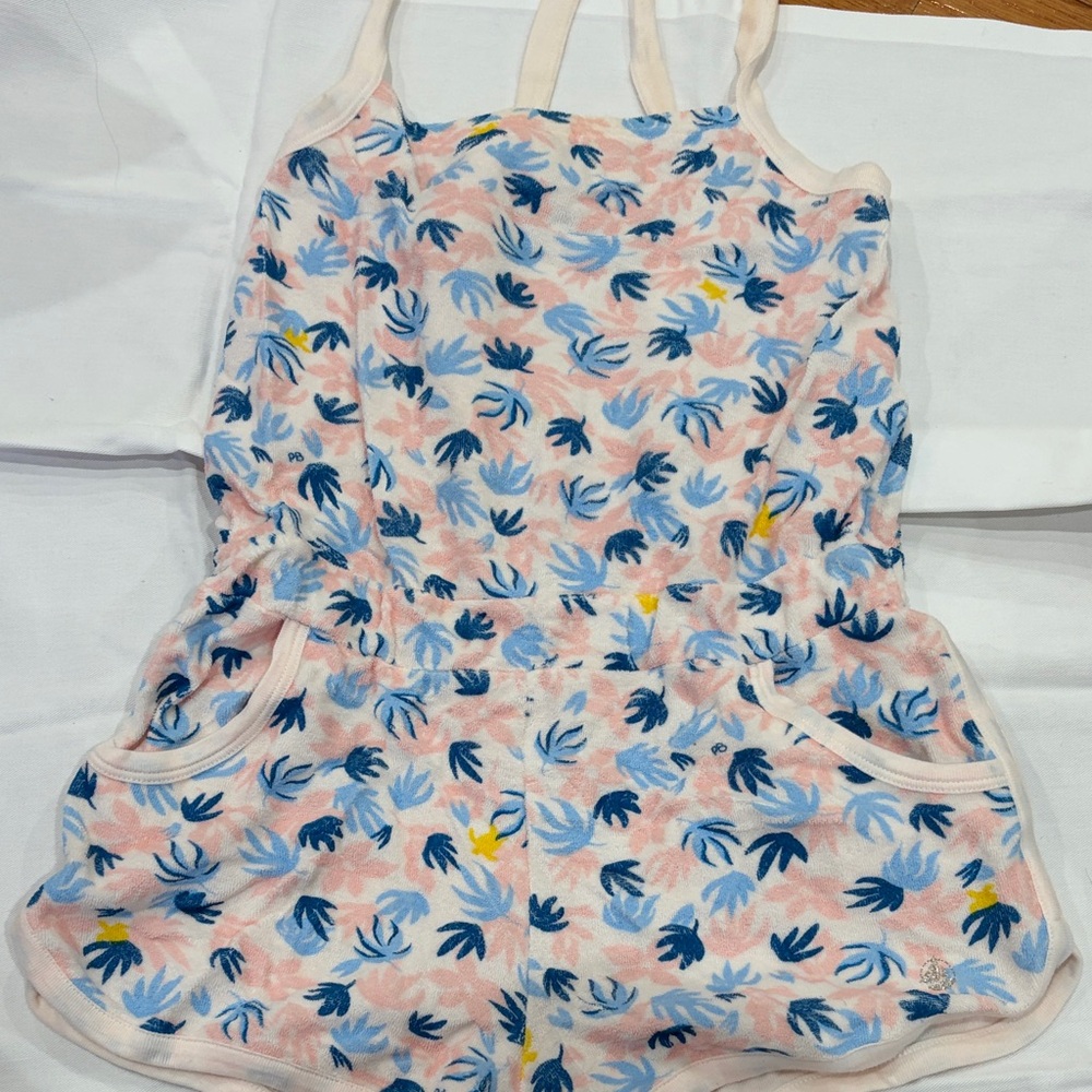 Petit Bateau Pink and Blue Leaf Print Kids Romper